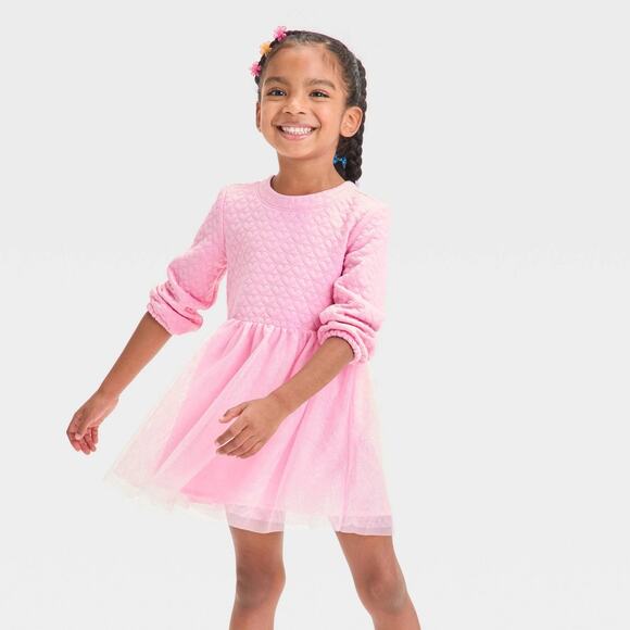 Cat & Jack NWT Toddler Girls' Pink Quilted Dress With Tulle Skirt Size 18M - Picture 1 of 7